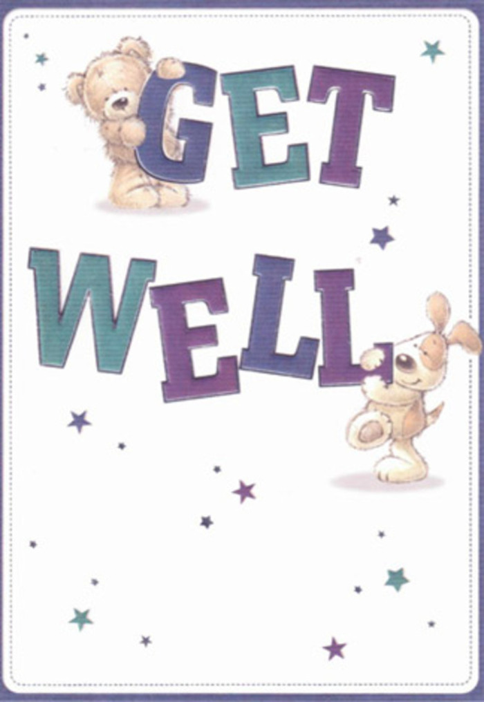 A joyful tribute to gentle care, this get well card comes alive with the friendly images of a bear and a puppy, their smiles as reassuring as the greetings exchanged in Kingston upon Thames' neighbourhood shops. Dotted stars, dancing in gradients of blue and violet, float like whispered wishes overhead, infusing the composition with optimism. The oversized, playful letters-'GET WELL'-anchor the scene, brushed in layered shades of purple and aqua, echoing the vibrant market blooms that line Clarence Street. There's a tactile softness to the bear's golden fur and the puppy's floppy velvet ears, inviting the mind's touch even as eyes drink in the gentle colour palette. As a florist here in Kingston upon Thames, I see a clear parallel in the way each element is thoughtfully placed: every brushstroke delivers comfort and encouragement, much as we do when arranging an uplifting bouquet for someone in need. The card's overall lightness and sincere charm offer a visual embrace-perfect for anyone awaiting good news or extra care within our Thameside community.