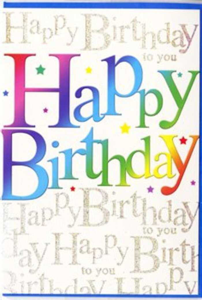 This joyful birthday card looks as though it has been inspired by a walk through Kingston upon Thames on a festive day, full of colour, warmth, and friendly energy. The central focus is the phrase Happy Birthday, displayed in big, confident letters that stretch from one side of the card to the other. Each letter is drenched in a different rich colour-crimson, turquoise, lime, indigo, goldenrod, and rose-blending softly where they meet, like the way colours mingle in a carefully crafted birthday bouquet from a local florist. The shading within the letters gives them a subtle sense of volume, making the words feel almost three-dimensional, as though they are gently lifting off the card. Speckled around this bold greeting are tiny star-like shapes and colourful dots, adding the impression of confetti dancing in the air at a birthday gathering in a Kingston upon Thames home or café. In the background, the card is washed with delicate golden handwriting, the phrase Happy Birthday to you repeated in elegant, cursive script that loops and curls across the entire surface. The gold ink has a gentle gleam, similar to the soft glow of evening lights reflecting on the Thames near Kingston Bridge. This fine script softens the bright, rainbow lettering, creating a balance between playfulness and sophistication. The card's finish appears smooth and slightly reflective, the type you might tilt back and forth to catch the light and see the golden words shimmer. Imagined on a sideboard beside flowers and wrapped gifts, it feels like a thoughtful, artistic expression of celebration, perfectly suited to birthdays of all ages in Kingston upon Thames.