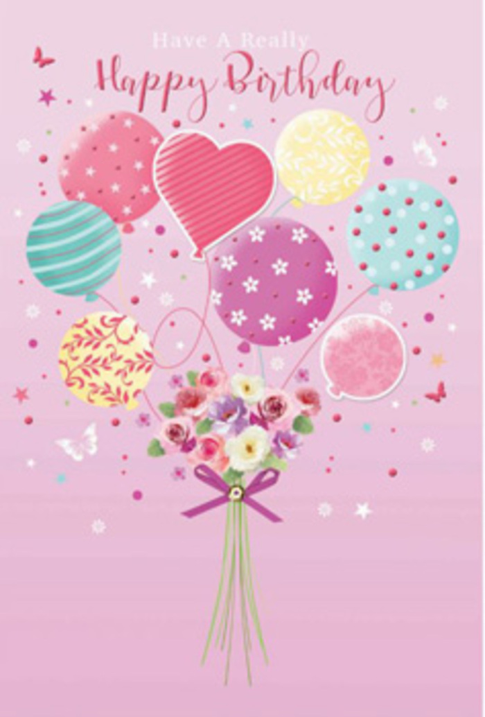 There is a gentle sense of jubilation in this birthday illustration, as if a tiny celebration has taken flight over Kingston upon Thames. Against a soft pink background, a cluster of pastel balloons forms an airy bouquet at the centre of the image. Each balloon is distinct yet harmoniously coordinated: some are encircled with flowing ribbon stripes reminiscent of candy, others are dotted with sprightly polka patterns, and a few display whimsical floral or swirl details. The palette combines pale sunshine yellow, rosy pink, minty teal, and lilac, creating a calm yet joyful mood similar to watching the sky change tones over the riverside paths. Among these balloons, one or two stand out slightly larger or heart-shaped, quietly drawing the eye and echoing the affection behind a birthday wish. Anchoring the floating balloons is a hand-tied cluster of birthday blooms. Petite roses and soft, daisy-like flowers are arranged with care, their petals shaded from creamy ivory through gentle blush and warm rose tones, evoking petals just opening in early morning light in a quiet local garden. The bouquet is bound with a sparkling purple bow, its satin ribbon gathered into neat loops that shimmer softly. Around the composition, delicate stars and tiny butterflies drift and hover, giving the impression of confetti caught mid-air or small wings paused in motion. The overall effect is tender and uplifting, turning a simple greeting into a thoughtfully composed moment, where the imagined fragrance of fresh flowers and the cheerful buoyancy of balloons come together to make any birthday feel a little more magical and deeply appreciated.