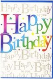 This vibrant birthday card carries the same sense of joy and colour that so many birthday celebrations in Kingston upon Thames share. The greeting Happy Birthday is written across the front in large, rounded letters that seem to smile from the card, each one painted in its own bold shade: rich pink, lagoon blue, apple green, sunshine yellow, and warm orange flow seamlessly into one another, creating a rainbow-like ribbon of colour. The inner shading of the letters is soft and blended, giving them a slightly cushioned appearance, almost like inflated party balloons tied along the riverside paths. Between these expressive letters, tiny dots and spark-like details in coordinating hues add a light sprinkle of festive energy, reminiscent of confetti drifting down after a chorus of well-wishes in a Kingston upon Thames restaurant or family home. Behind the colourful text, the background is completely overlaid with the phrase Happy Birthday to you written repeatedly in slender golden script. The handwritten style of the script feels personal and intimate, as though someone has carefully penned the same message again and again out of pure affection. The gold ink appears gently metallic, catching the light with a subdued shimmer like late-afternoon sun over the Thames. This overlay of delicate script beneath the bold, rainbow letters gives the card a sense of movement and depth, as if layers of joy and sentiment are intertwined. With its smooth, slightly glossy finish, the card looks polished yet warm, ready to stand proudly beside a vase of flowers and a birthday cake in any Kingston upon Thames setting, quietly amplifying the happiness of the day.