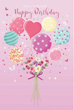 This birthday card-style illustration presents a whimsical celebration that looks as though it could drift gently over Kingston upon Thames on a calm day. A soft, blush-pink background provides a tranquil stage for a pastel bouquet of balloons that rises in the centre. The balloons vary in shape and decoration: some spiral with candy-coloured stripes, others shine with scattered polka dots, and a few feature delicate floral or swirl motifs. Tones of blush, rose, teal, lemon yellow, and lavender are blended with care, creating a palette that feels both playful and refined, like the colour of reflections on the Thames near the town's bridges at sunset. Slightly larger or heart-shaped balloons occupy the middle, suggesting warmth and affection within the birthday message. From the gathered strings, a dainty bouquet of birthday flowers appears to bloom. Creamy ivory roses mingle with soft blush-pink and mauve blossoms reminiscent of anemones, their feathery petals layered and shaded to give the impression of freshly arranged stems from a local florist in the town centre. A neatly tied violet satin bow secures the bouquet, its smooth, lustrous surface catching the same imaginary light that highlights the balloons' gentle gloss. Tiny stars and butterflies scattered through the scene add a touch of fairy-tale wonder, like party confetti and garden visitors suspended mid-flight. The image conveys an airy, sweet, and joyful atmosphere, as if the scent of fresh blooms and the excitement of a birthday gathering have been captured in a single, floating moment of colour and tenderness.